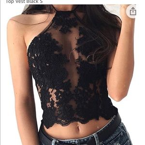 Lace Halter Neck Tank Top Black